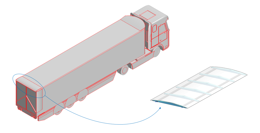  Illustration of a semi-truck with a detached roof segment highlighted beside it. The truck is shown in perspective view, and the roof segment, indicated by arrows, appears to be intended for the rear portion of the trailer.